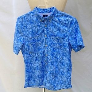 Boy's fishing shirt, blue & white leaf pattern, short sleeve, L
